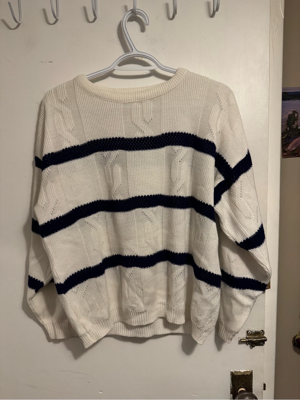 Women's Cream and Navy Striped Sweater - Classic Crewneck